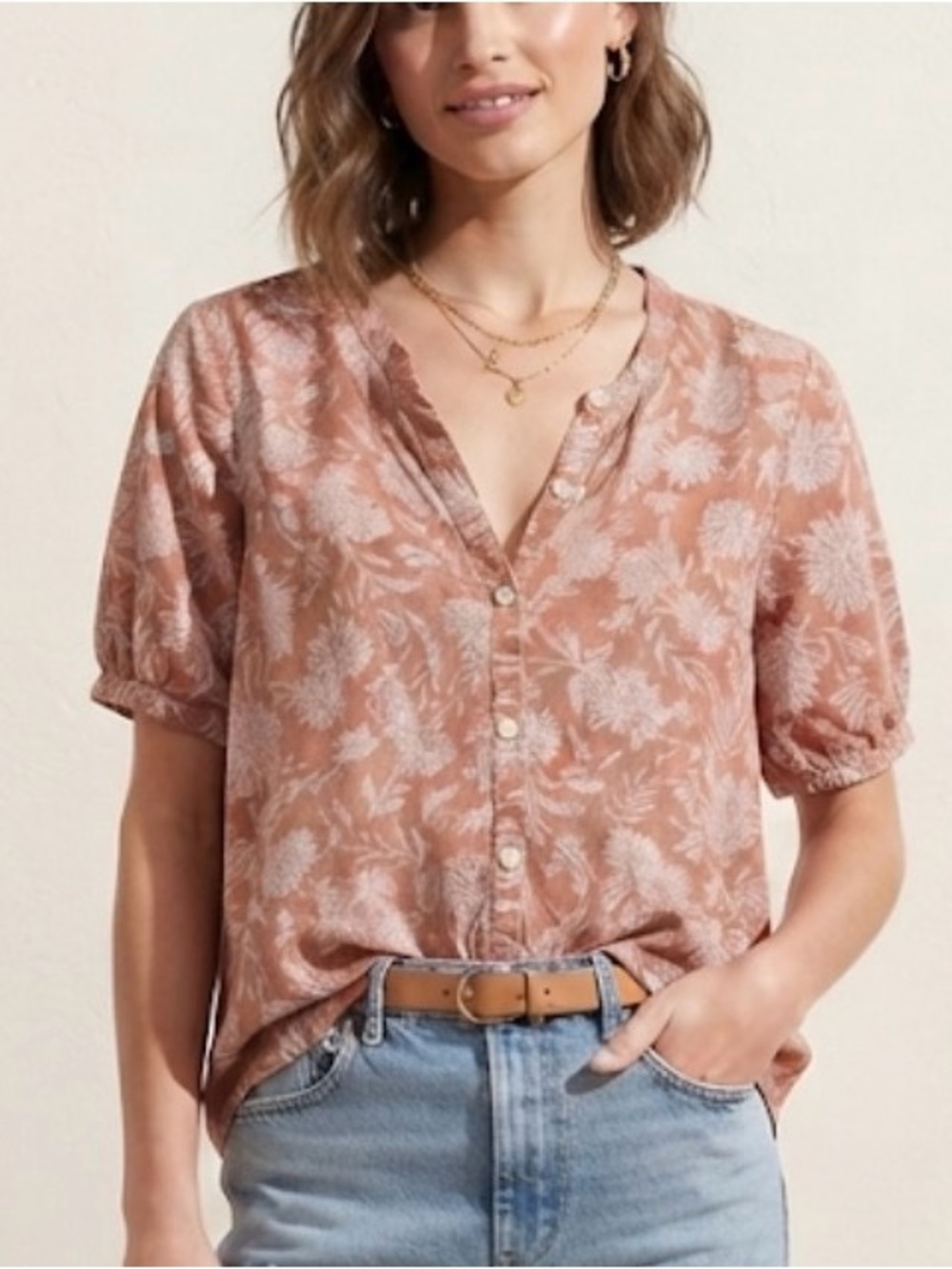 Universal Thread Floral Button-Front Blouse Terracotta Pink Size M